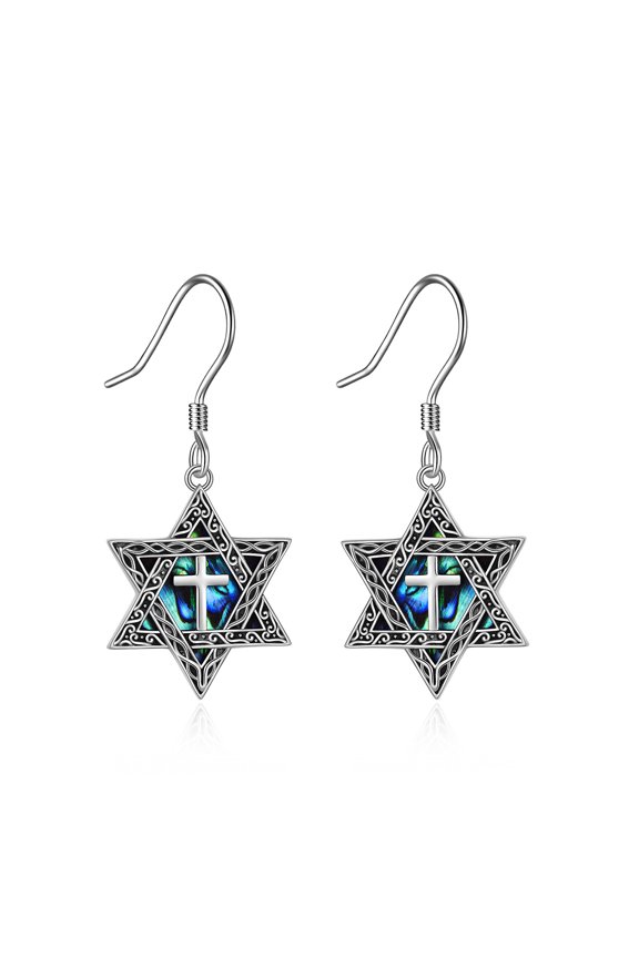 Star of David Earring for Women Sterling Silver Cross Abalone Shell Jewish Jewelry(silver-star) (cross)