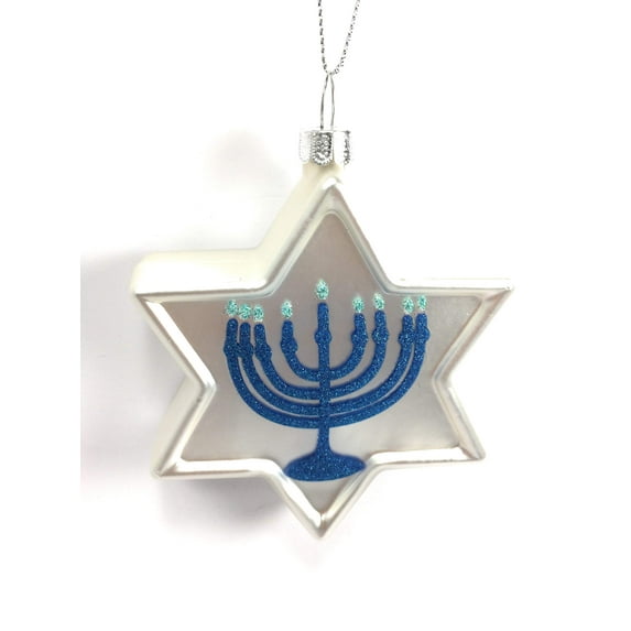 Star of David Hanukkah w Menorah Ornament Silver Color