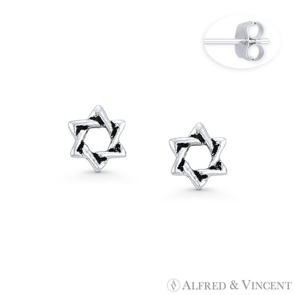 Star of David Jewish Charm Stud Earrings in Oxidized .925 Sterling Silver