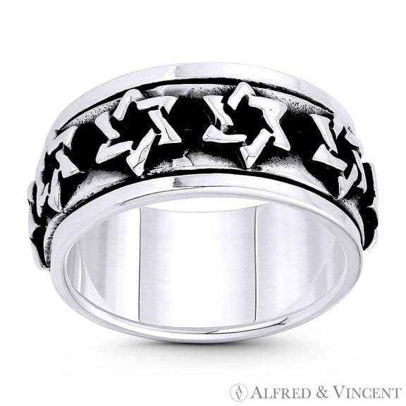 Star of David Jewish Emblem Religious Symbol Charm Band 9mm Wide Men's Spinning Ring in Oxidized .925 Sterling Silver