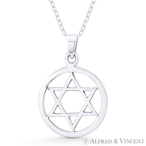 Star of David / Jewish Magen Charm & 0.7" Circle Pendant & Chain Necklace in .925 Sterling Silver