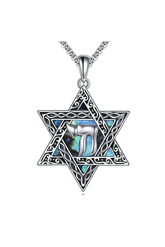 Star of David Jewish Necklace for Women Men Sterling Silver Chai Abalone Shell Pendant Jewish Jewelry