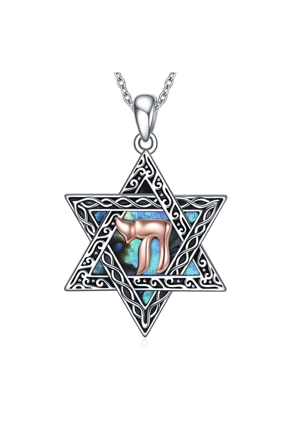 Star of David Jewish Necklace for Women Men Sterling Silver Chai Abalone Shell Pendant Jewish Jewelry