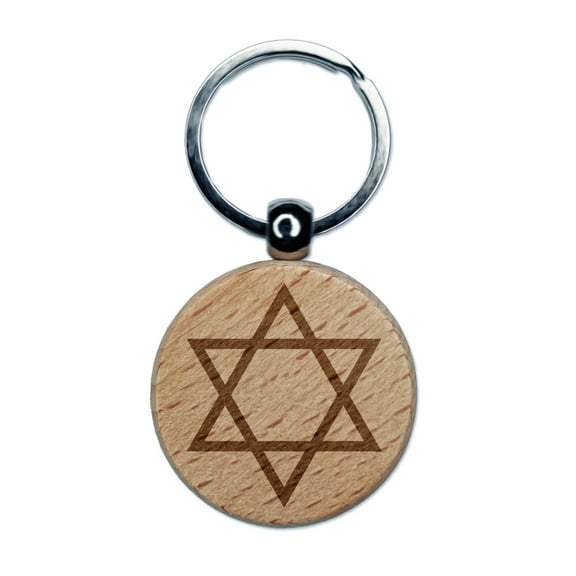Star of David Jewish Round Keychain Charm Tag - Engraved Wood
