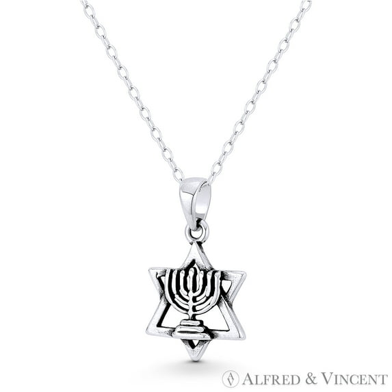 Star of David & Menorah 7-Candle Lampstand Jewish Charm Pendant & Chain Necklace in Oxidized .925 Sterling Silver