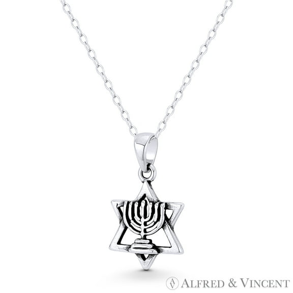 Star of David & Menorah 7-Candle Lampstand Jewish Charm Pendant in Oxidized .925 Sterling Silver