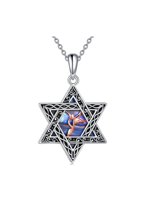 Star of David Necklace Sterling Silver Hummingbird Abalone Shell Jewish Jewelry for Women Men