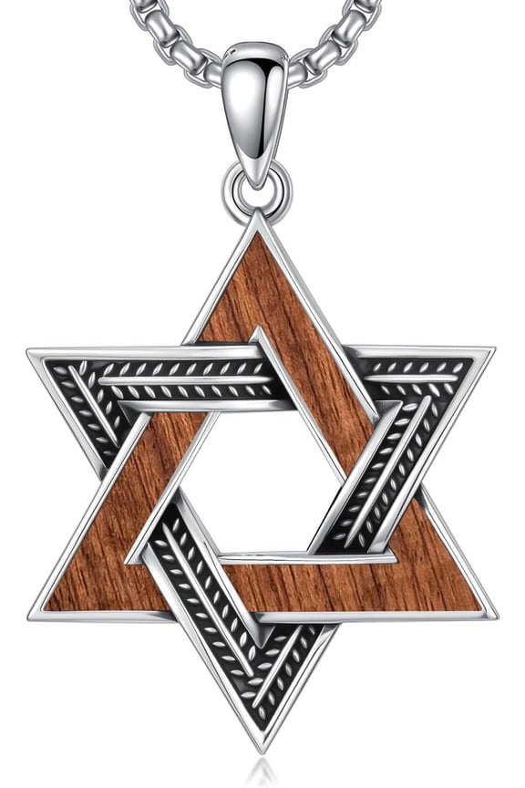 Star of David Necklace Sterling Silver Wooden Pendant Hebrew Amulet Jewish Star Jewelry Gifts for Men Women