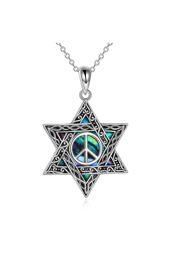 Star of David Necklace for Women Men Sterling Silver Peace Sign Abalone Shell Jewelry