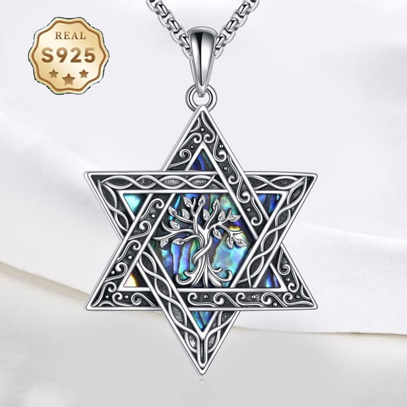 Star of David Necklace for Women Men Sterling Silver Tree of Life Abalone Shell Jewish Jewelry