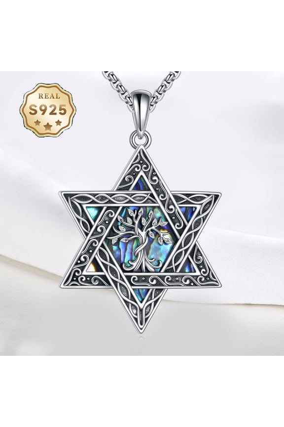 Star of David Necklace for Women Men Sterling Silver Tree of Life Abalone Shell Jewish Jewelry