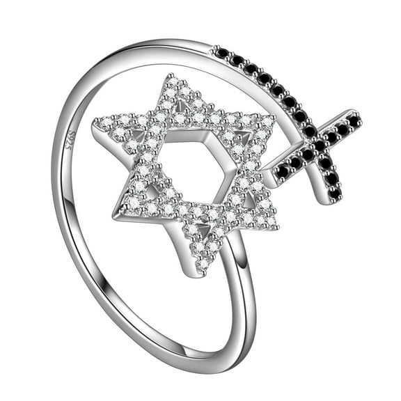 Star of David Ring for Women Mens 925 Sterling Silver Magen David Star Cross Ring Adjustable Cubic Zirconia Jewish Protection Symbol Jewelry Gifts