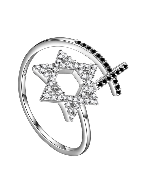 Star of David Ring for Women Mens 925 Sterling Silver Magen David Star Cross Ring Adjustable Cubic Zirconia Jewish Protection Symbol Jewelry Gifts