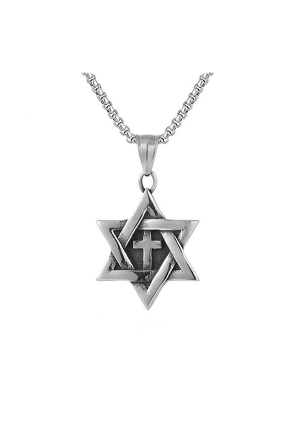 Star of David Six Pointed Megan Cross Pendant Necklaces for Men or Women Stainless Steel Chain