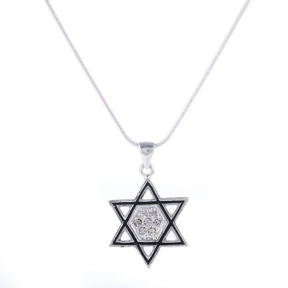 HOLY LAND MARKET Star of David with CZ Stones and Black Enamel - Rhodium (2.5 cm - 1 inches - 20 Inch Chain)