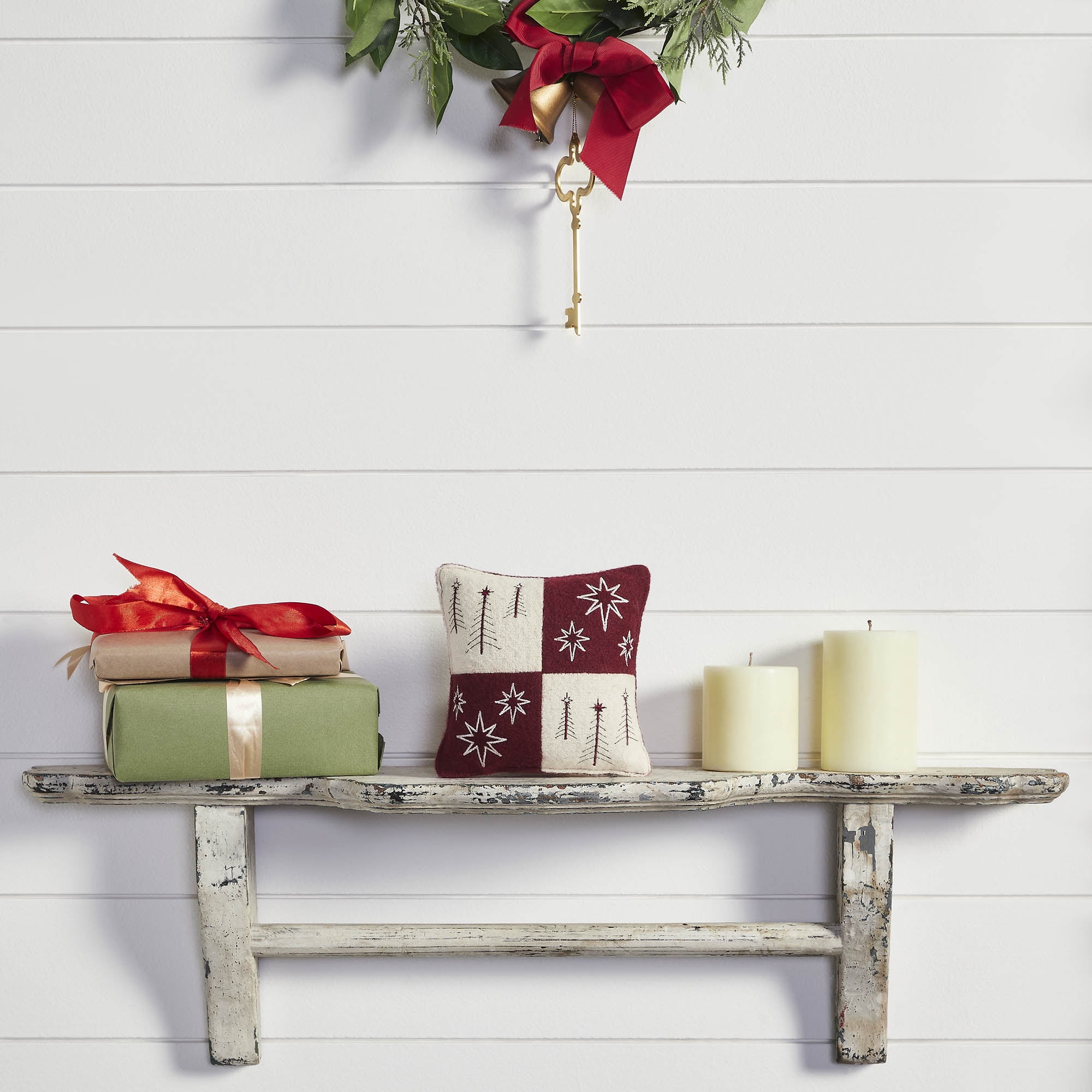 Burgundy and Creme Embroidered Christmas Patch Pillow 6x6