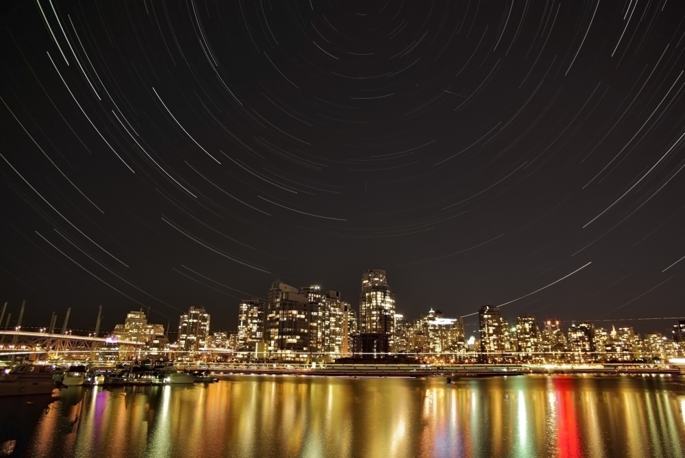 Star trails above Downtown Vancouver British Columbia Canada Canvas Art - Yuichi TakasakaStocktrek Images (18 x 12)