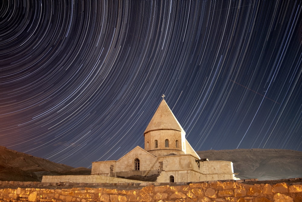 Star trails above Saint Thaddeus Monastery Iran Canvas Art - Amin JamshidiStocktrek Images (18 x 12)