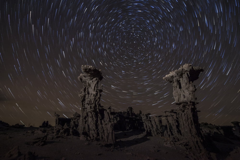 Star trails above sand tufa formations at Mono Lake California Canvas Art - Dan BarrStocktrek Images (35 x 23)