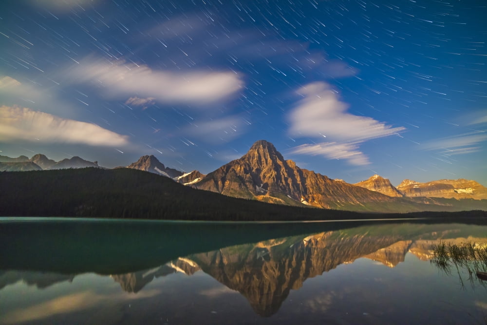 Star trails behind Mount Chephren in Banff National Park Canada Canvas Art - Alan DyerStocktrek Images (17 x 12)
