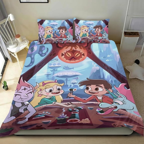 Star vs. the Forces of Evil Themed Bed Sheet Set Three Piece Set 53x79 In ches Comfortable And Skin Friendly Unique Design Creating A Star Studded Night Home Decor Gifts For Family Friends fans