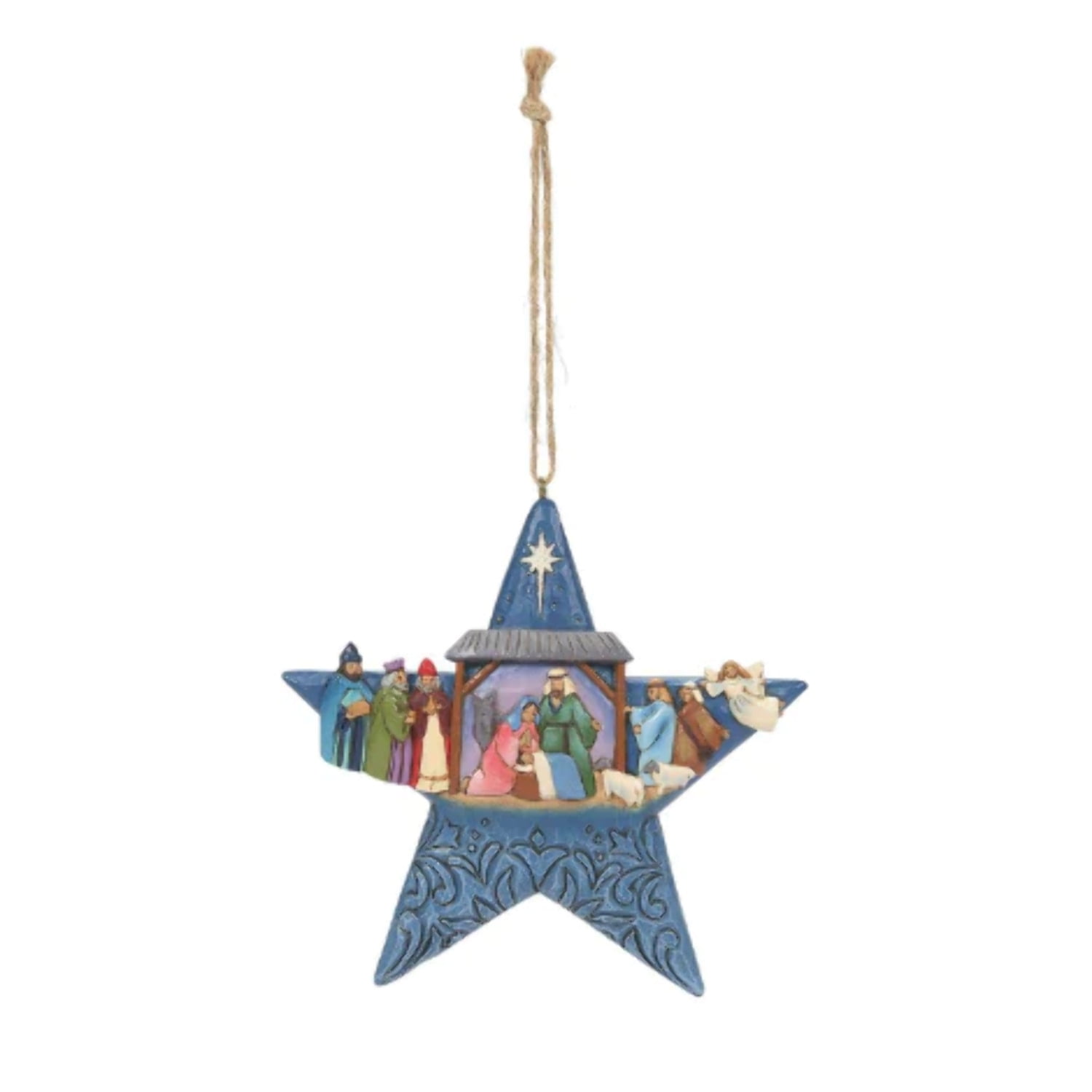 Blue Resin Star Ornament with Nativity Scene