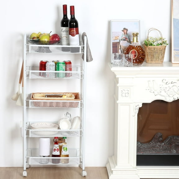 StarBay 5 Tier Stackable Wire Vaskets Tiered Basket Kitchen Organizers And Storage Rack Fruit Basket Stand with 360 Degree Wheels, Heighten Guardrail