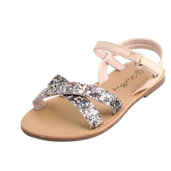 StarBay Teen Girl's Child's Sequins Metallic PU upper X Strap Open toe comfy Flat Sandals