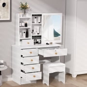StarBay Vanities Makeup Desk Dressing Table Vanity Desk with Sliding Mirror, 6 Drawers, Open Shelves, Strong Load Bearing