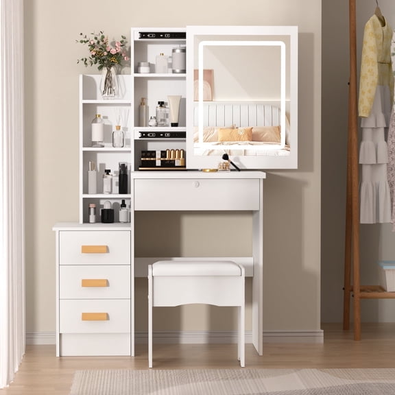 StarBay Vanity Mirror Desk Vanities Bedroom Dressing Table Makeup Table with Drawers & Shelves, Sliding Lighted Mirror