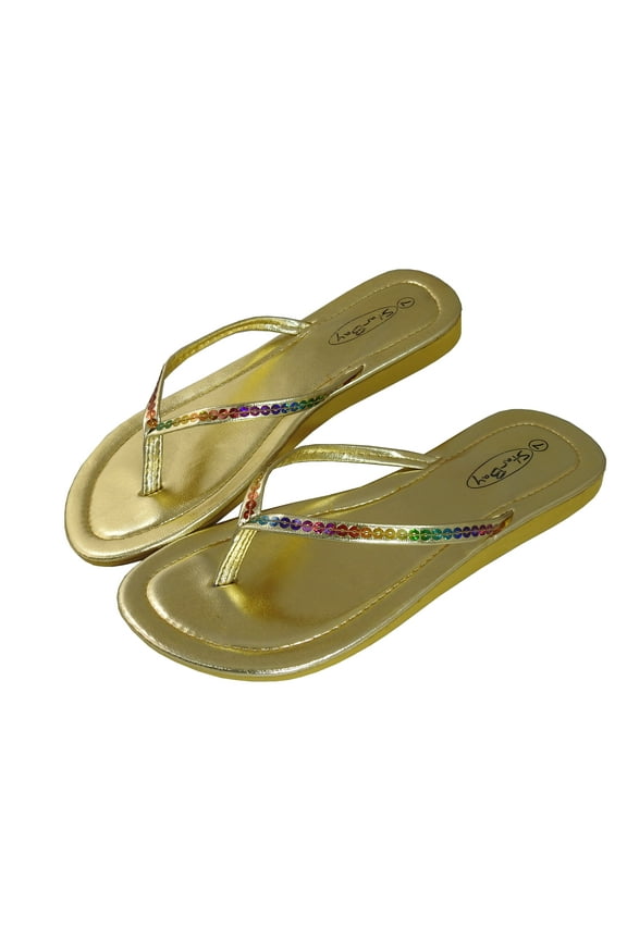 Women's Metallic Rainbow Sequin Strap Flat Thong Sandal Flip-flops