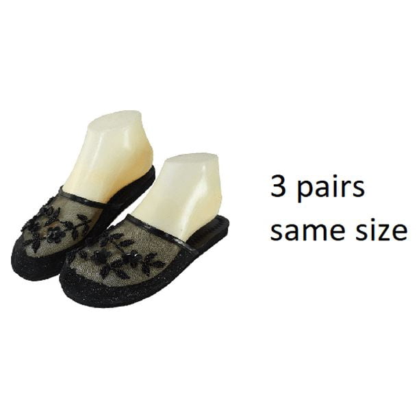 StarBay Women's Solid Black Color Floral Beaded Mesh Chinese Slippers 3 Pairs pack size 5