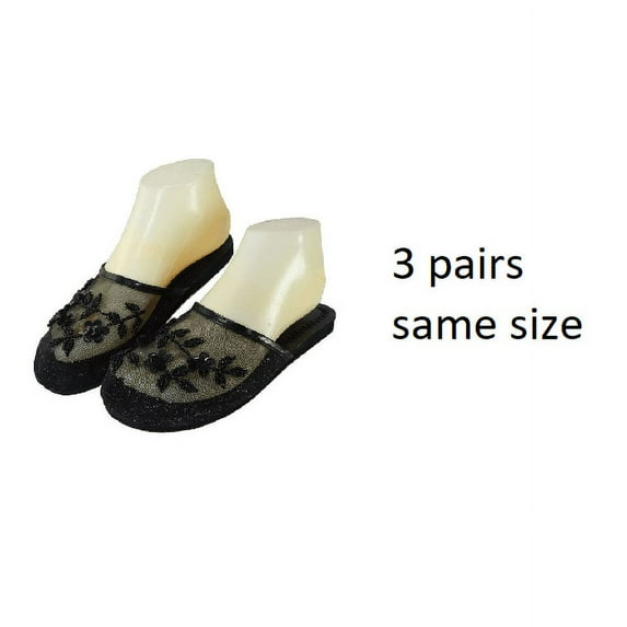 StarBay Women's Solid Black Color Floral Beaded Mesh Chinese Slippers 3 Pairs pack size 8