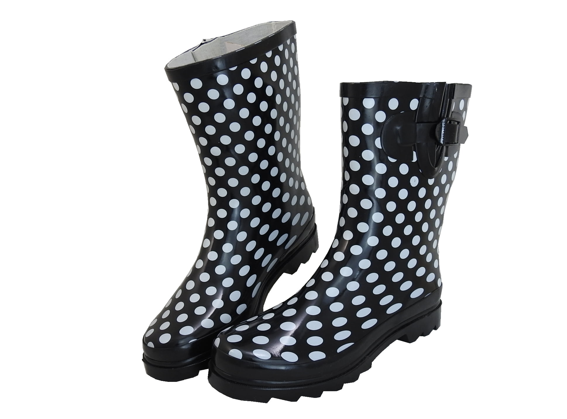 StarBay Women's Waterpoof Middle Short Shaft Rubber Rain Boots R906 Black and White Polka Dots Size 10