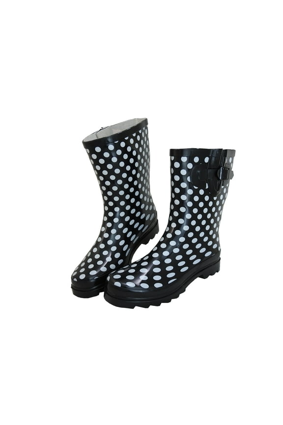 Women's Waterpoof Middle Short Shaft Rubber Rain Boots R906 Black and White Polka Dots Size 10