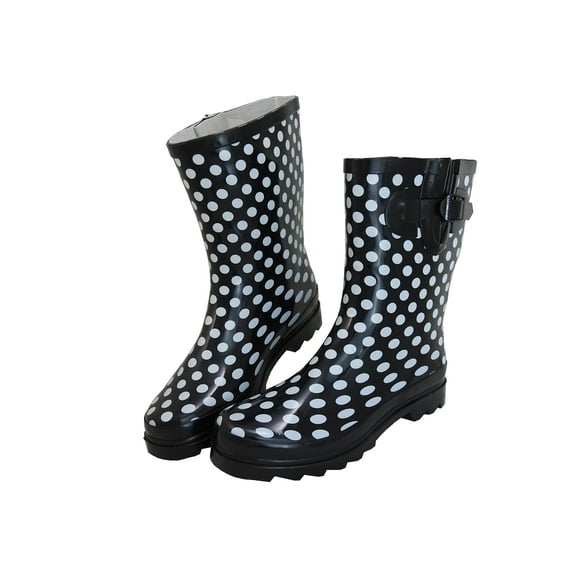 StarBay Women's Waterpoof Middle Short Shaft Rubber Rain Boots R906 Black and White Polka Dots Size 9