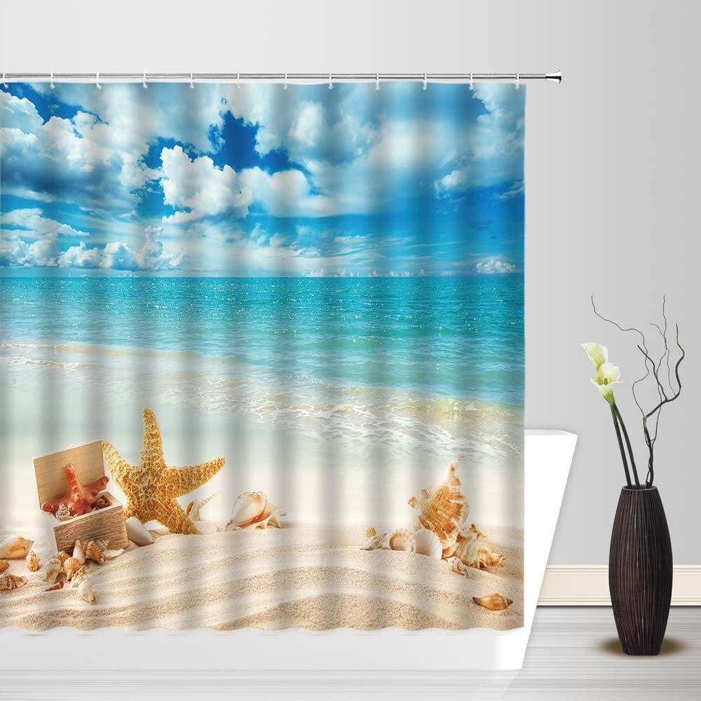 StarBeach Shower Curtains Seashells Tropical Sea Waves Conch Sunrise