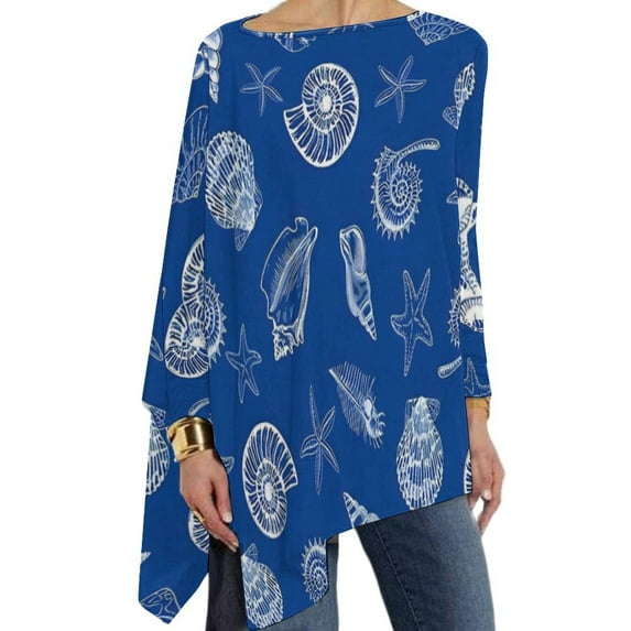 StarBlue Sea Shells T Shirt Retro Long-Sleeve T-Shirts Women Street Fashion Tshirt Big Size Pattern Top Tees