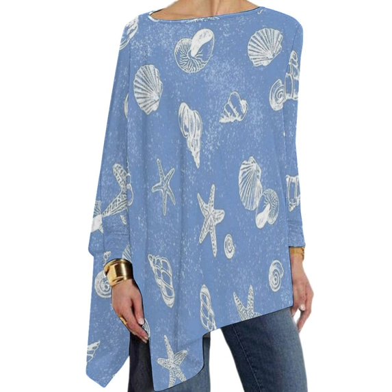StarBlue Sea Shells T Shirt Retro Long-Sleeve T-Shirts Women Street Fashion Tshirt Big Size Pattern Top Tees