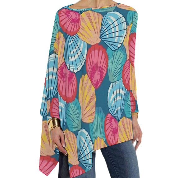 StarBlue Sea Shells T Shirt Retro Long-Sleeve T-Shirts Women Street Fashion Tshirt Big Size Pattern Top Tees