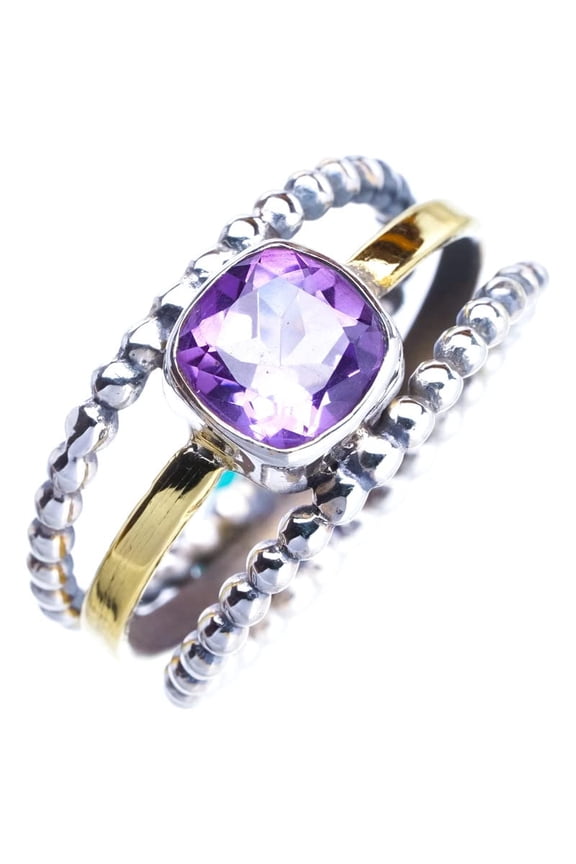 StarGems Natural Amethyst Two Tones Three Layer Handmade 925 Sterling Silver Ring 10.5 E9308