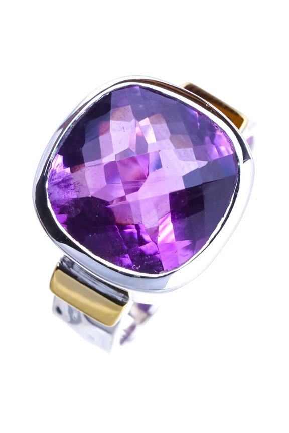 StarGems Natural Amethyst Two Tones Handmade 925 Sterling Silver Ring 6 E9304