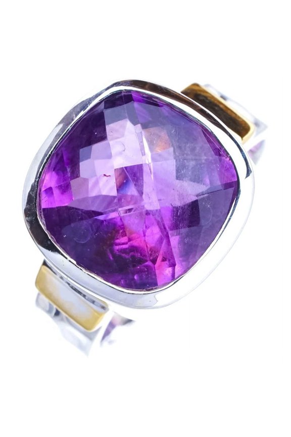 StarGems Natural Amethyst Two Tones Handmade 925 Sterling Silver Ring 7 E9294