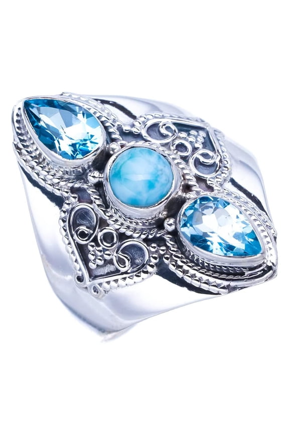 StarGems Natural Larimar Blue Topaz Handmade 925 Sterling Silver Ring 11.75 F0687