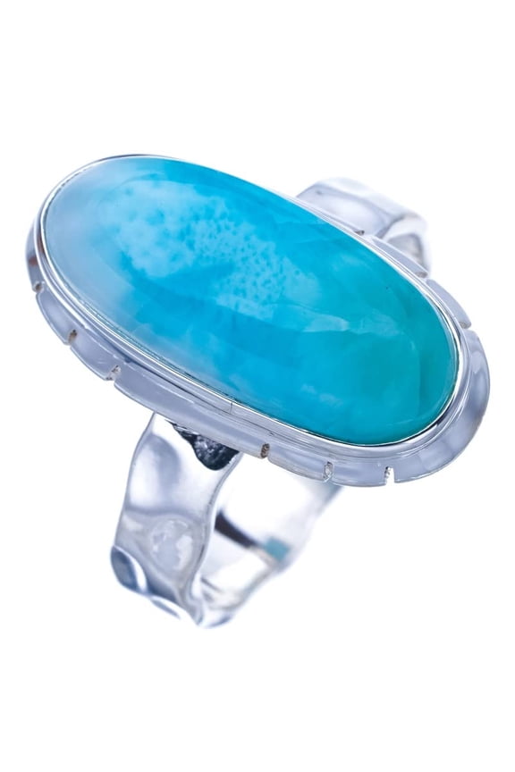 StarGems Natural Larimar Hammered Handmade 925 Sterling Silver Ring 7 F1413