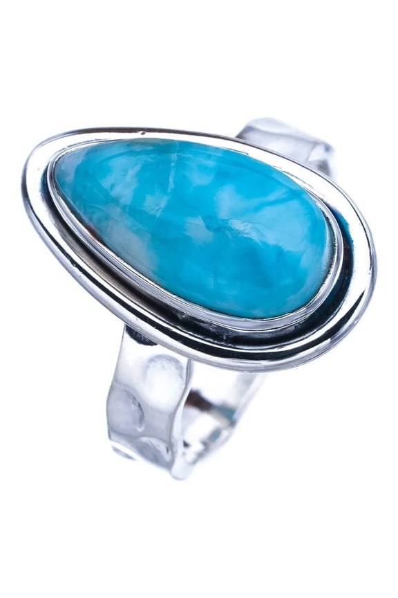 StarGems Natural Larimar Hammered Handmade 925 Sterling Silver Ring 7 F1524