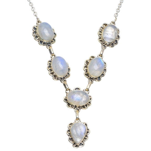 StarGems&reg; Natural Rainbow Moonstone Handmade Unique 925 Sterling Silver Necklace 18-18.5" B4340
