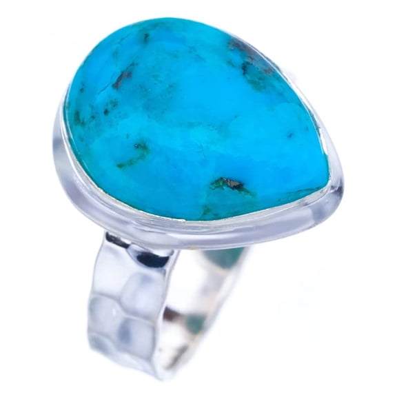 StarGems&reg; Natural Turquoise Hammered Handmade 925 Sterling Silver Ring 7 F2353