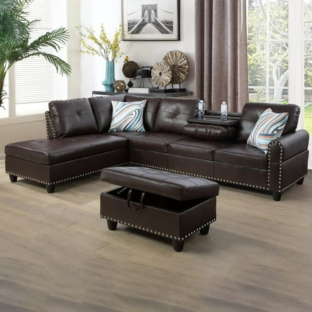Prehome Faux Leather Sectional Sofa, 6 Seats Sleeper Couch with Reversible Chaise, Storage Ottoman, Modular L Shaped Sectional Sofa with Extra Headrests, Living Room Furniture for Apartment, Brown