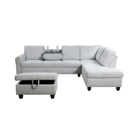 Starhome Linen Sectional Sofa, 6 Seats Sleeper Couch with Reversible Chaise, Storage Ottoman, Modular L Shaped Sectional Sofa with Extra Headrests, Living Room Furniture for Apartment, Grey